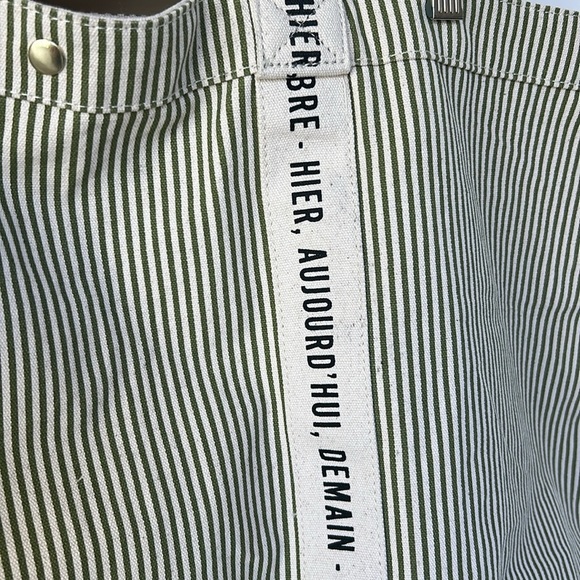 Sezane Cabas Libre Service Weekender Large Tote Green Stripe Cream 100% Cotton - Picture 3 of 14